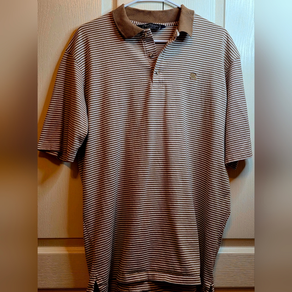 Burberry Men's Brown and White Striped Polo Shirt